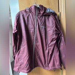 XL, deep red rain jacket
